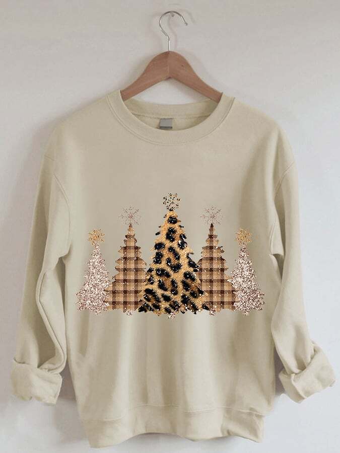 Women' Leopard Check Christmas Tree Print Casual Sweatshirt