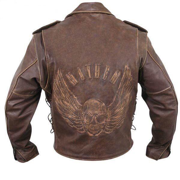 Brown Distressed Leather Motorcycle Armoured Jacket with Embossed Flying Skull