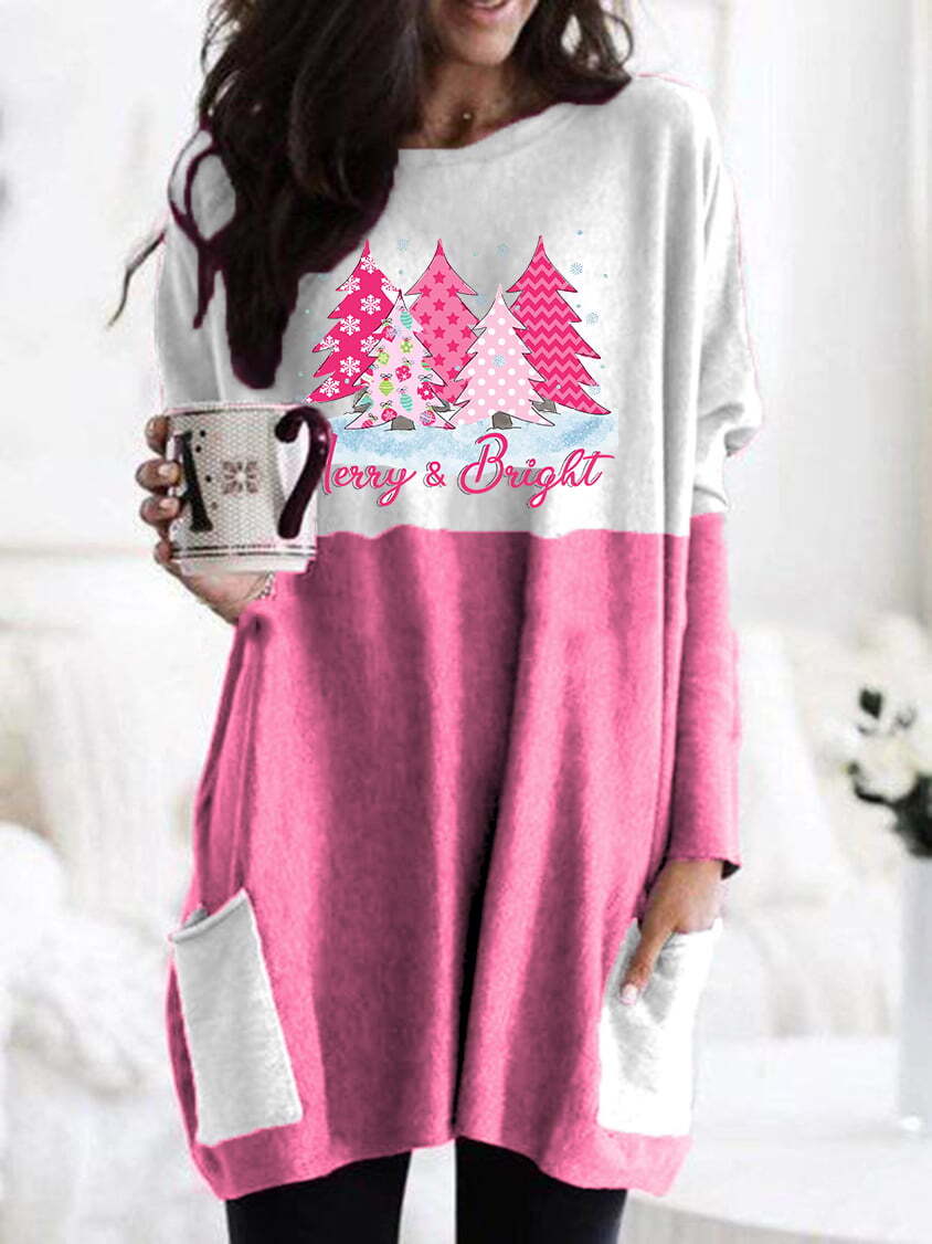 Women's Merry And Bright Pink Christmas Tree Print Long Sleeve Casual Top