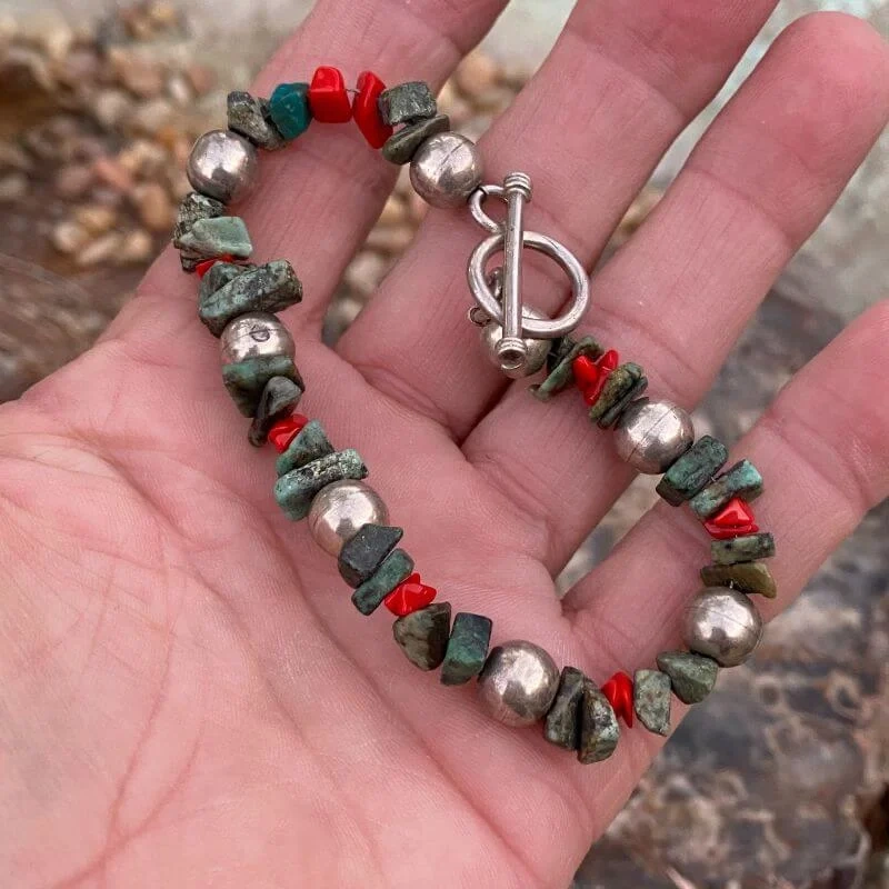 Turquoise and Silver Bead Bracelet with Red Jasper