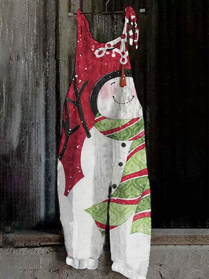 Christmas Red Snowman Print Casual Jumpsuit