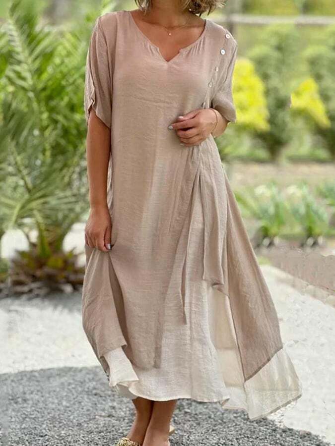 Women's Cotton Linen Colorblock Casual Dress