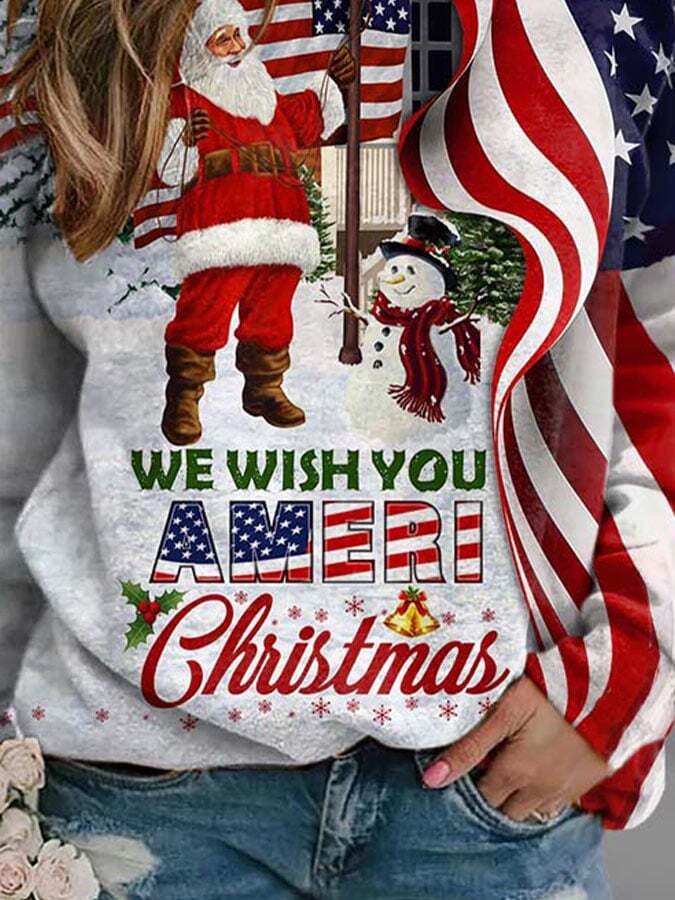 We Wish You Ameri Christmas Santa and Snowman Print Sweatshirt