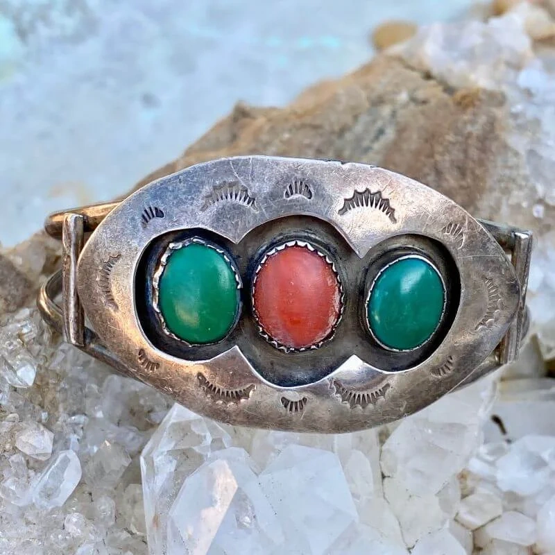 Old Navajo Sterling Shadowbox Bracelet with Green Turquoise and Coral