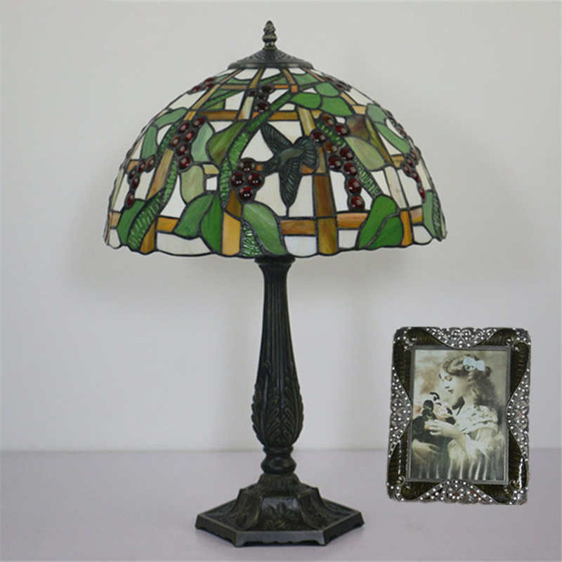 Table Lamps Grape Hummingbird Stained Glass Table Lights Handcraft Arts Home Decor Alloy Base European Antique