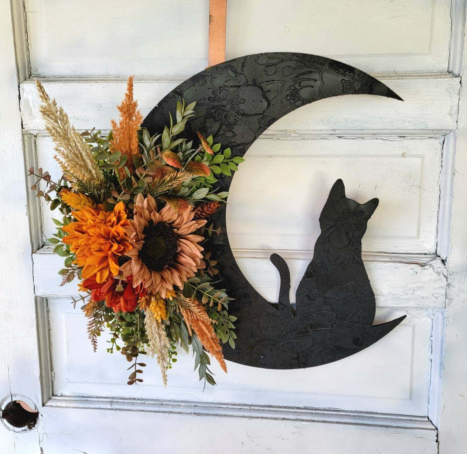 Witchy Celestial Door/Art Halloween Lunar Decor Kitty Lovers Gift