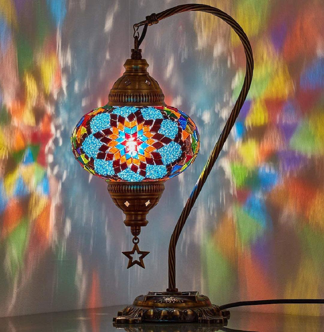 Turkish Moroccan Mosaic Table Lamp With US Plug & Socket, Swan Neck Handmade Desk Bedside Table Night Lamp, Decorative Tiffany Lamp Light, Blue