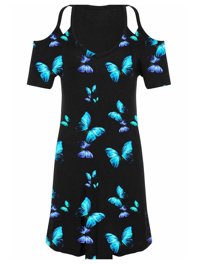 Butterfly Print Off-The-Shoulder Dress