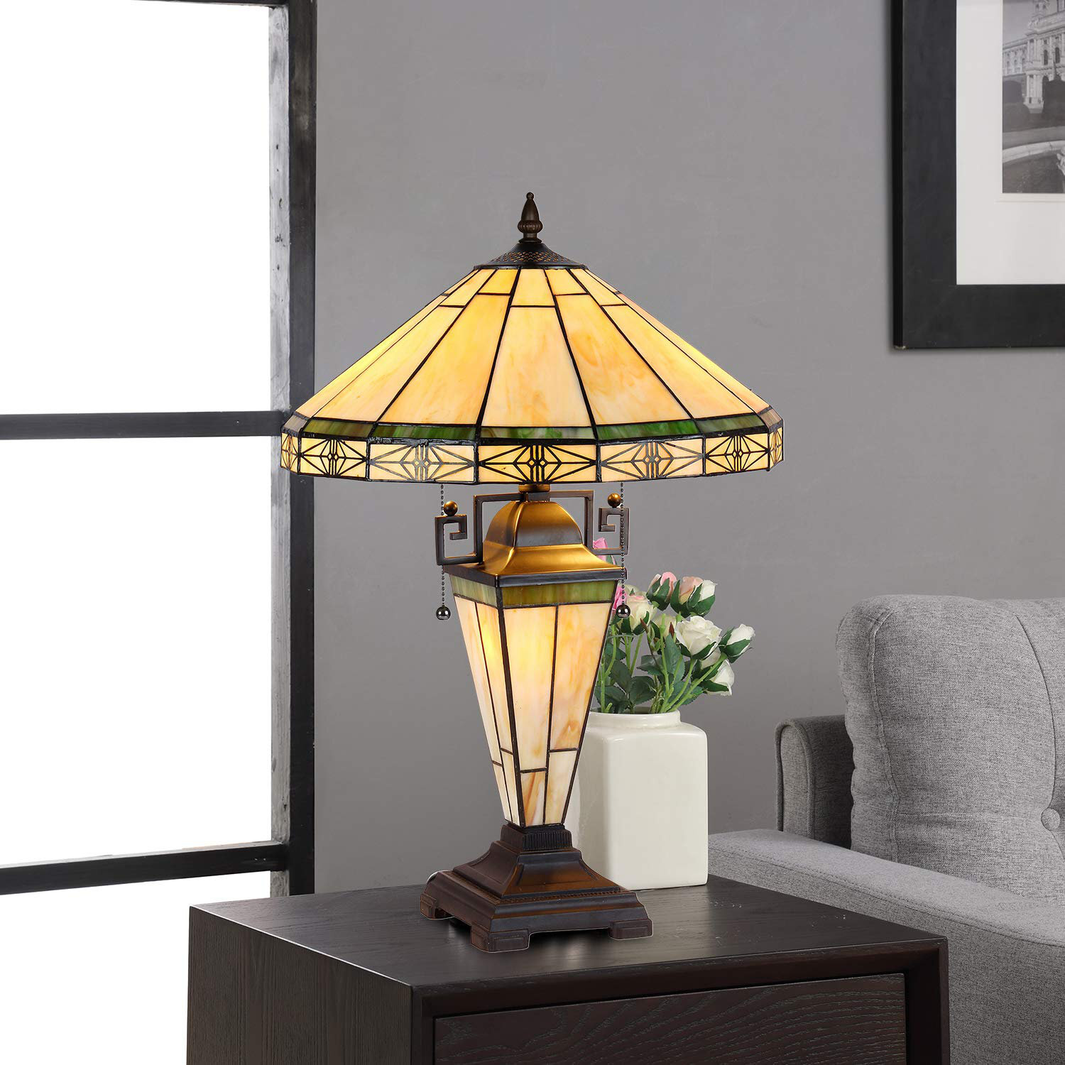 Tiffany Large Table Lamp 3-Light With Nightlight Mission Rustic Style Desk Light Decor