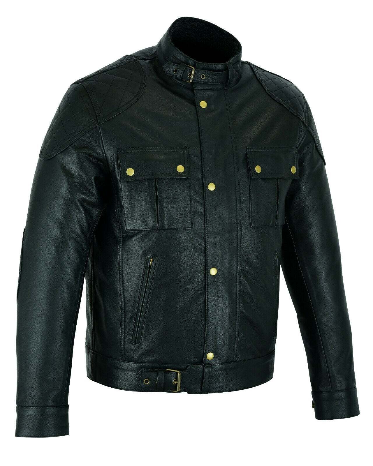 Mens Soft Cowhide Fashion Leather Jacket Biker Style with Fur & Armour Pockets