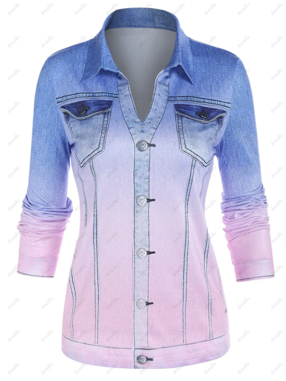 Ombre Denim 3D Print Long Sleeve Top And Flower Skinny Jeggings Outfit