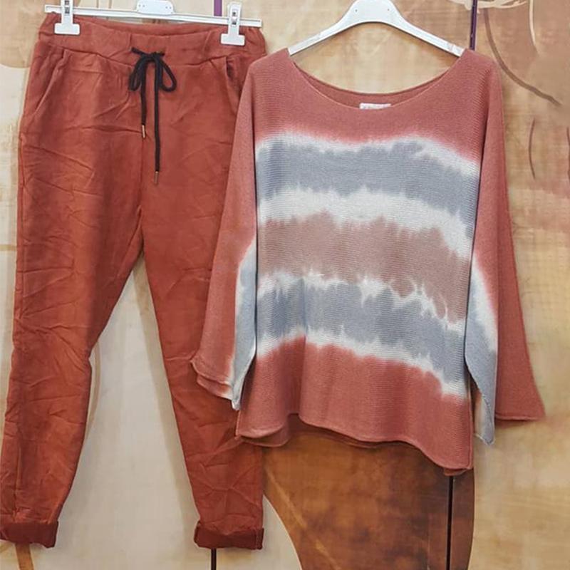 Women's Stripes Printed Long Sleeve Top Casual Pants Two Pieces Set