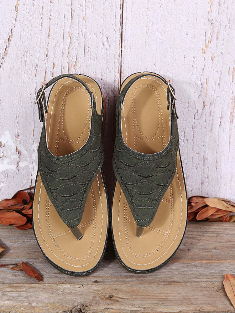 Buckle Solid Round Toe Flip-Flop Sandals