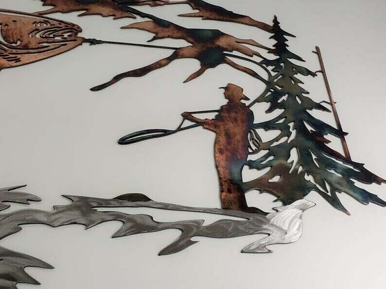 Solo Mallard Hunting & Trout Fishing Scene Metal Wall Art-BUY 2 FREE SHIPPING