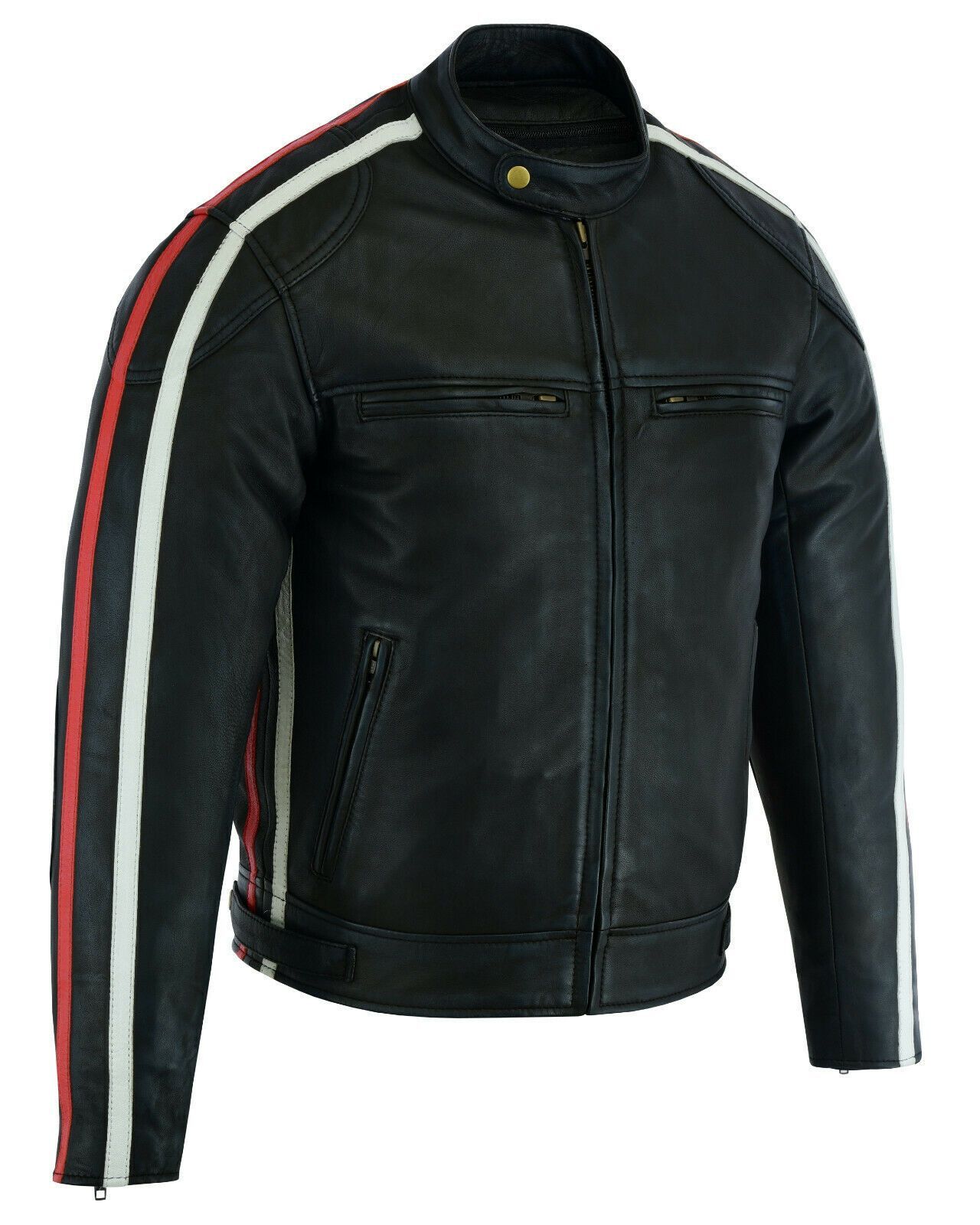 Classic Mens British Motorcycle Black Wax Leather Jacket Biker Red White Striped