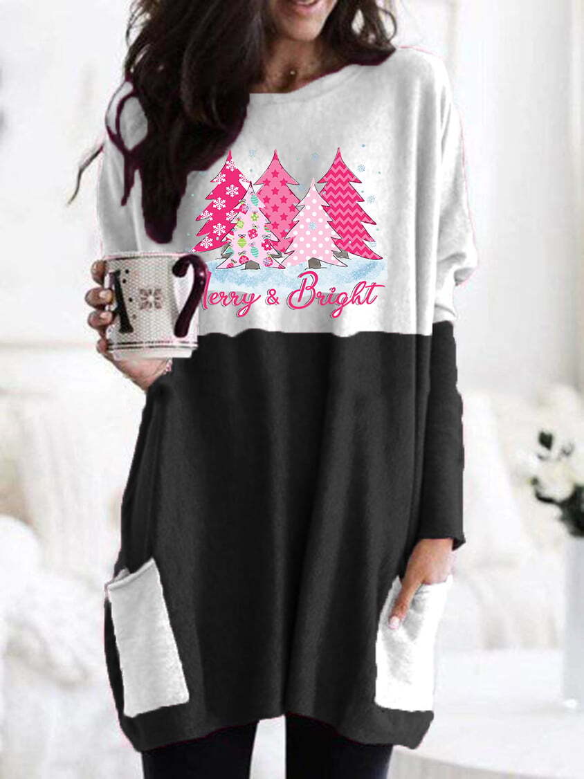 Women's Merry And Bright Pink Christmas Tree Print Long Sleeve Casual Top