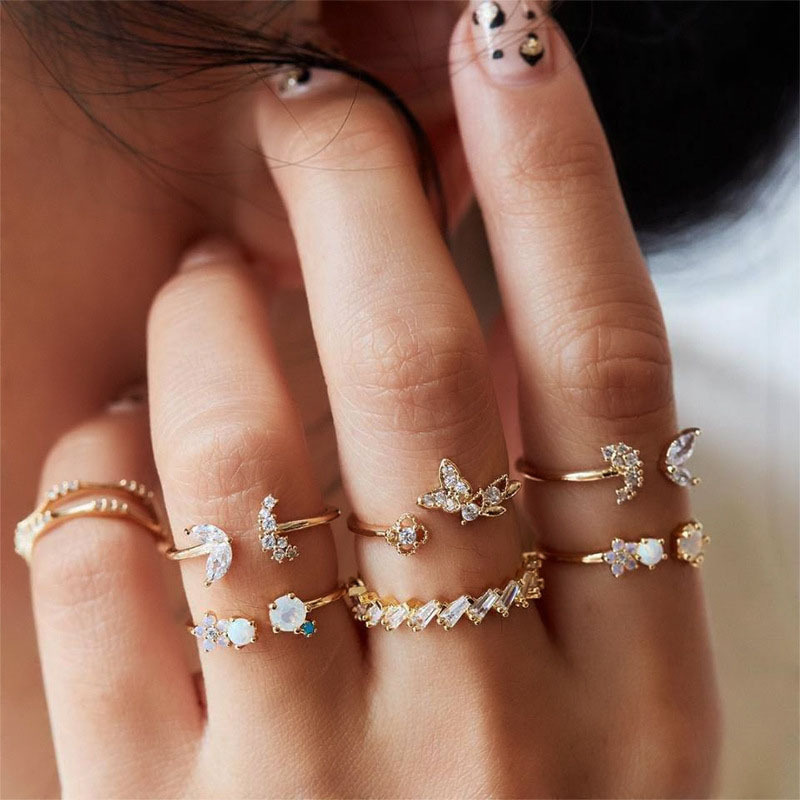 Butterfly Flower 7-piece Crystal Ring Set