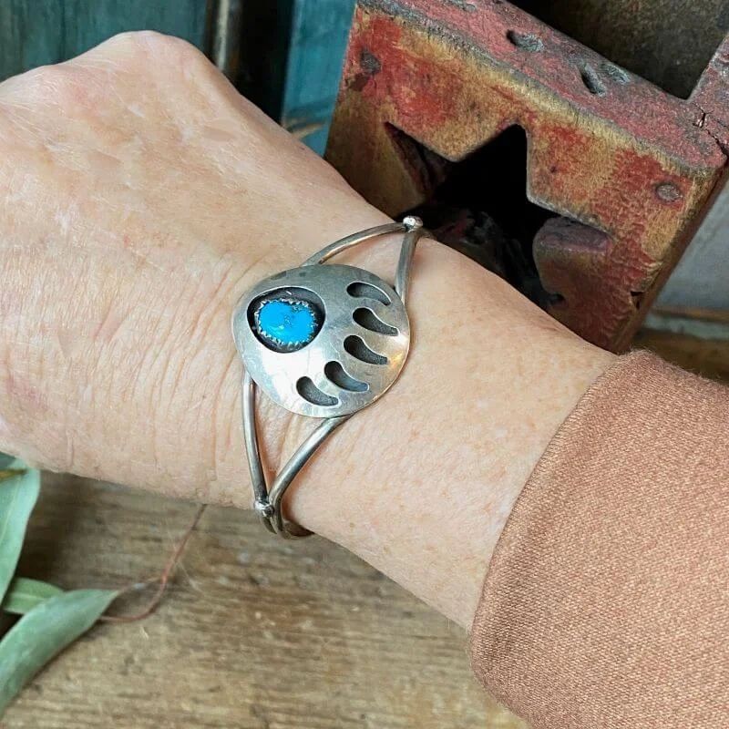 Turquoise Shadowbox Bracelet with Bear Track Design Sterling Silver