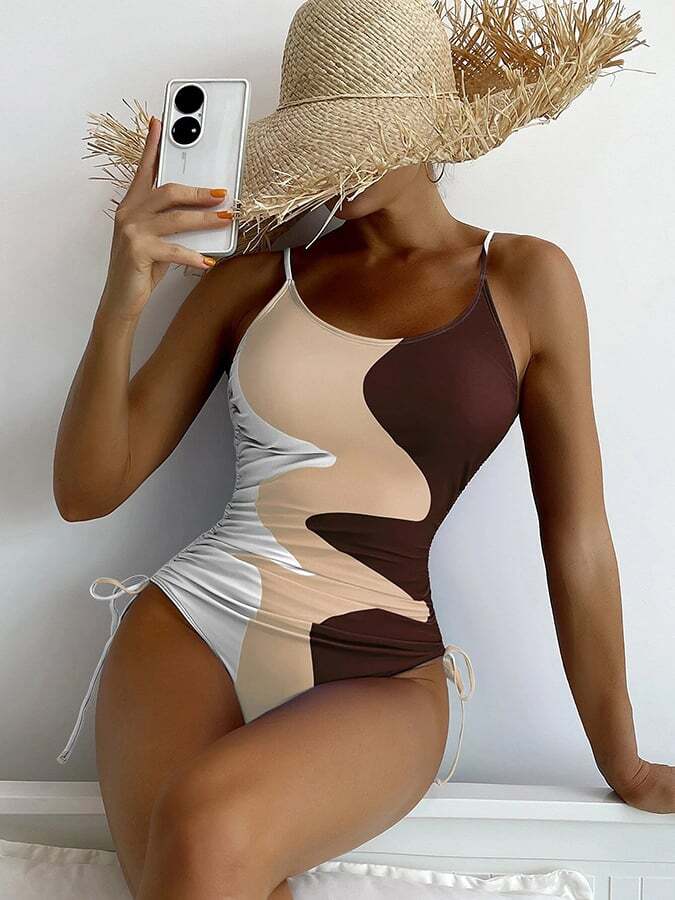 Lace Up Printed One Piece Swimsuit