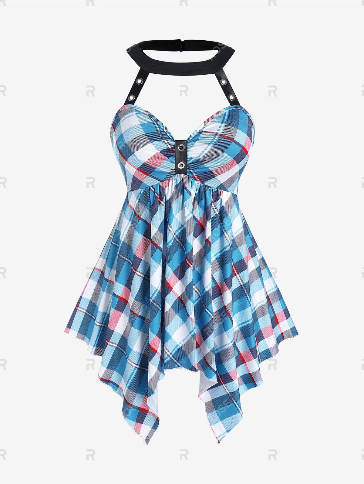 Plaid Harness Halter Handkerchief Tank Top and Plaid High Waisted Capri Leggings Plus Size Summer Outfit
