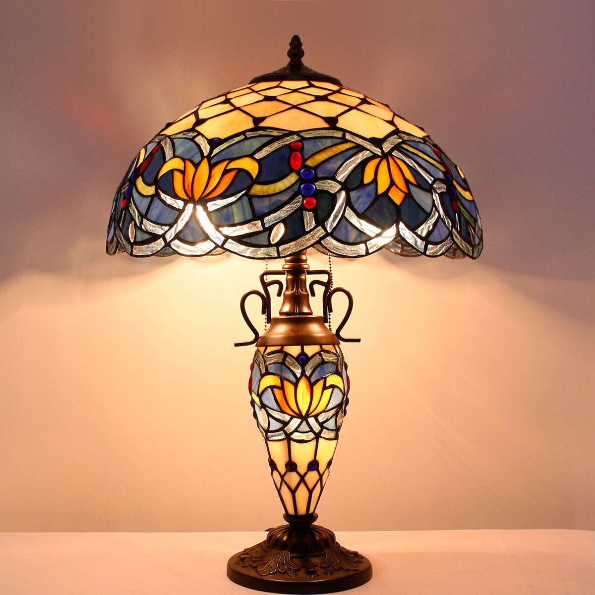 Tiffany Lamp With Nightlight Rustic Large Blue Stained Glass Lotus Table Lamp Desk 24
