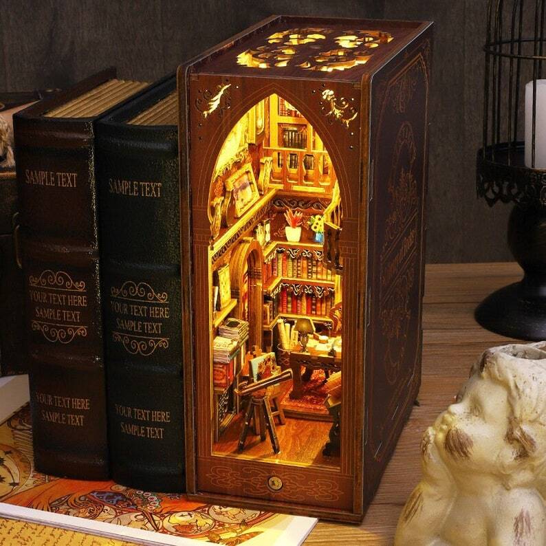 Library of Books - 3D Wooden DIY Book Nook Kit with Touch&Human Sensor LED Light