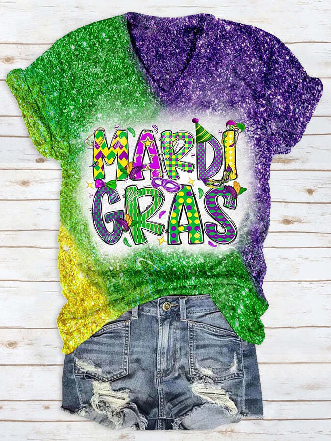 [CLEARANCE SALE]Glitter Mardi Gras Carnival Mask King Polka Print T-Shirt