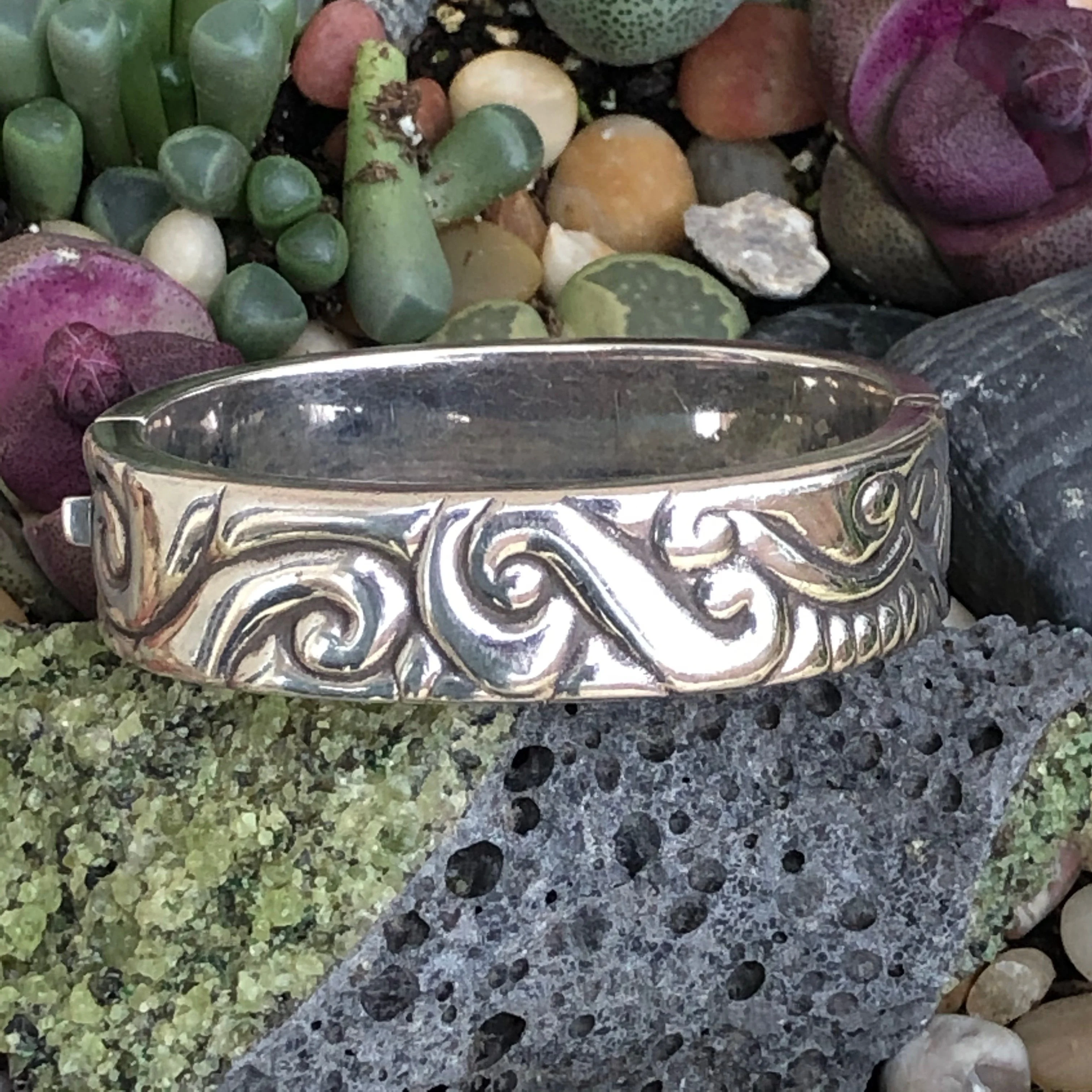Heavy Repouseé Sterling Silver Hinged Bangle Bracelet  by Zina of Beverly Hills