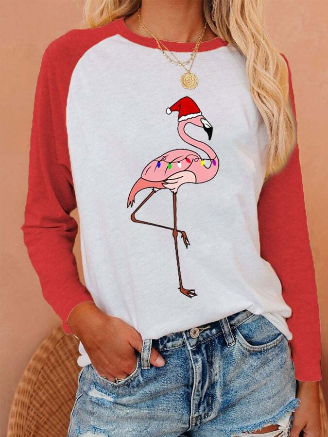 Women's Christmas Flamingo Print Casual Long-Sleeve T-Shirt