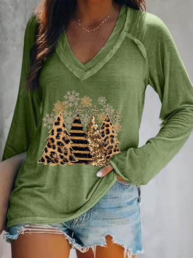 Women's Leopard Christmas Tree Print V-Neck Long Sleeve T-Shirt