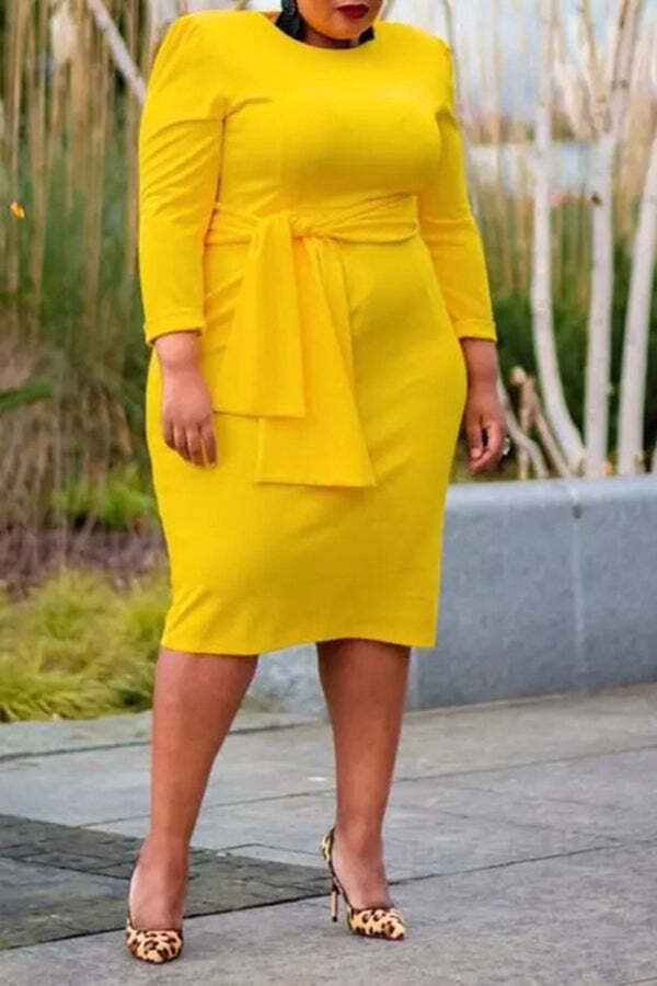 Plus Size Yellow Elegant Midi Dress