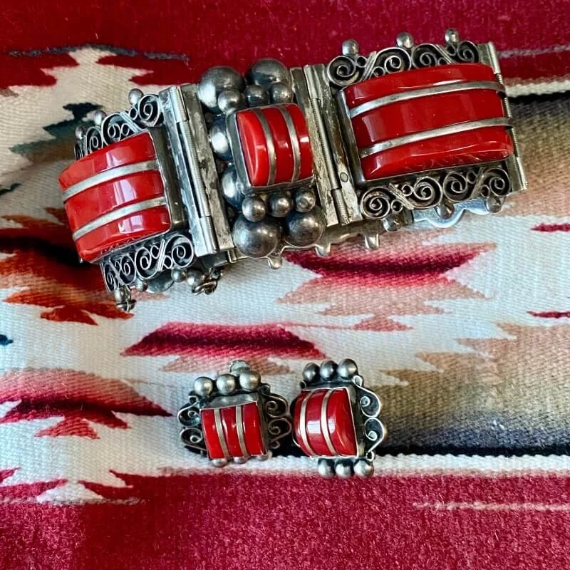 Vintage Mexican Red Glass Panel Bracelet and Earrings Set Sterling