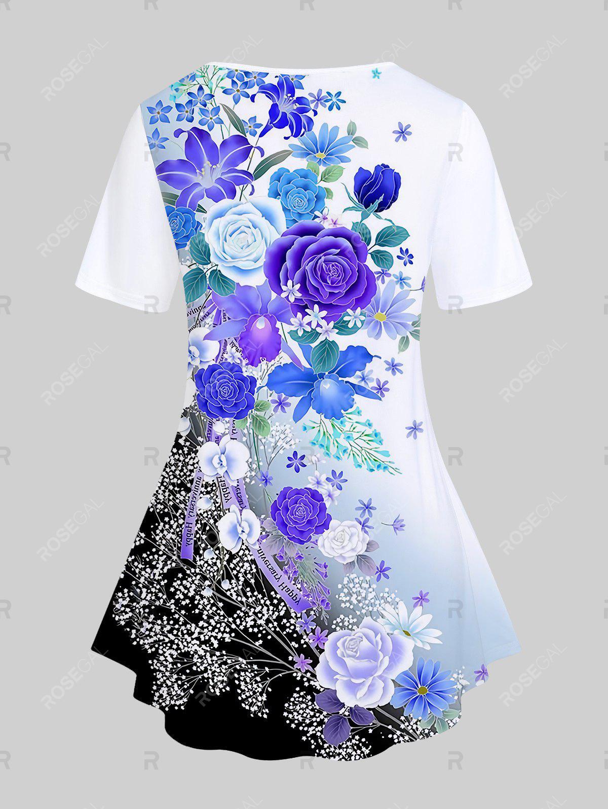 3D Flower Printed Ombre Tee and Floral Printed Ombre Leggings Plus Size Summer Outfit