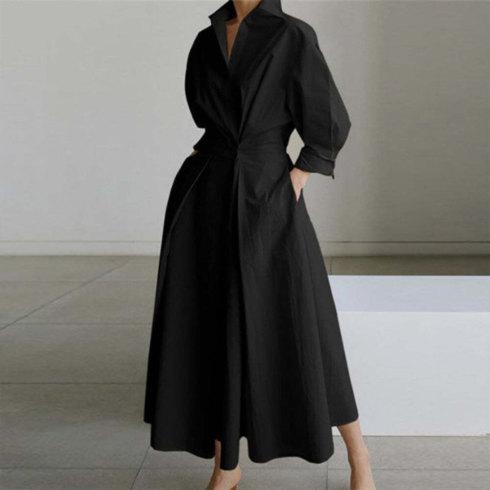 Black Fold Over Collar Side Pocket Maxi Dress