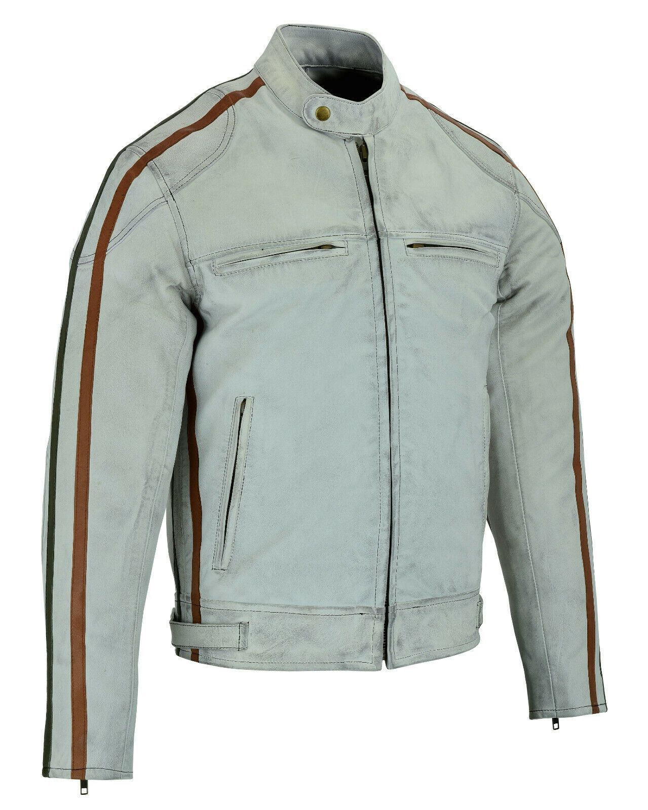 Classic Mens Dirty Grey Motorcycle Leather Jacket Biker Tan and Green stripes