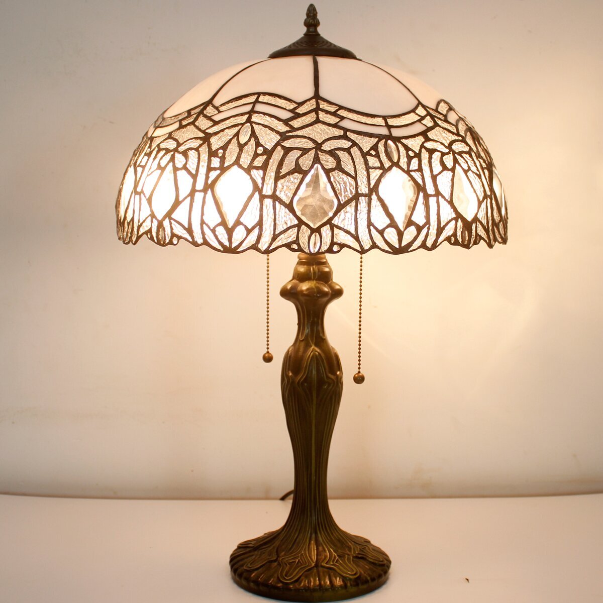 Tiffany Style Table Lamp Stained Glass White Crystal Shade Metal Base 24