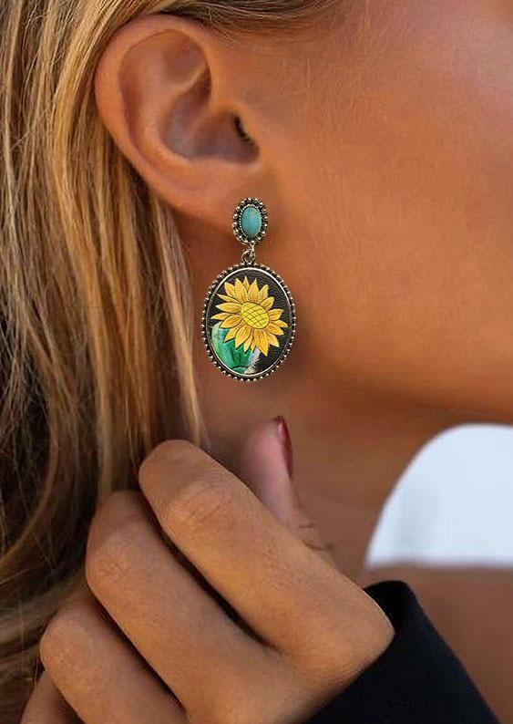 Vintage Sunflower Turquoise Cactus Alloy Earrings
