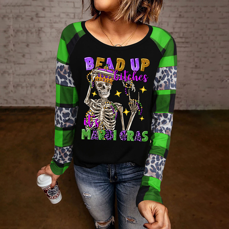 [CLEARANCE SALE]Mardi Gras Leopard Plaid Skull Print T-Shirt