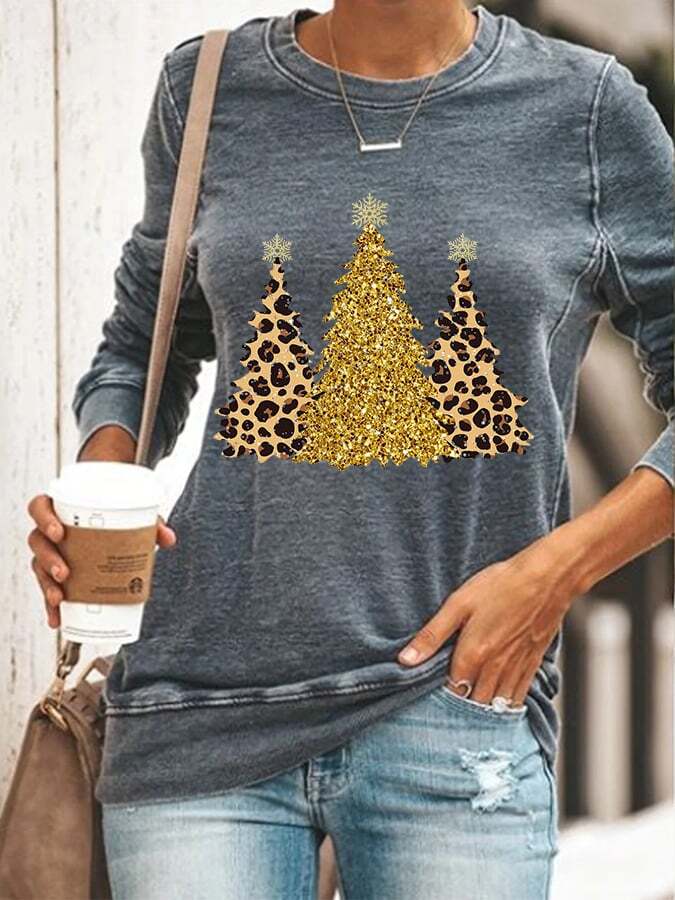 Women's Leopard Christmas Tree Print Crew Neck Sweatshirt