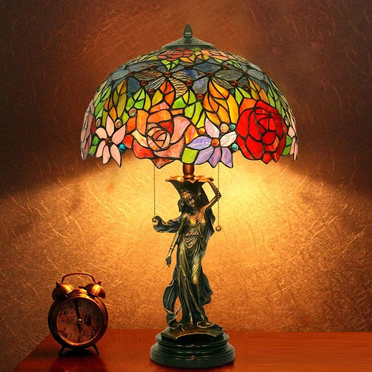 16-inches Rose Stained Glass Table Lamp with 100% Brass Girl Base, 24-inch in Height