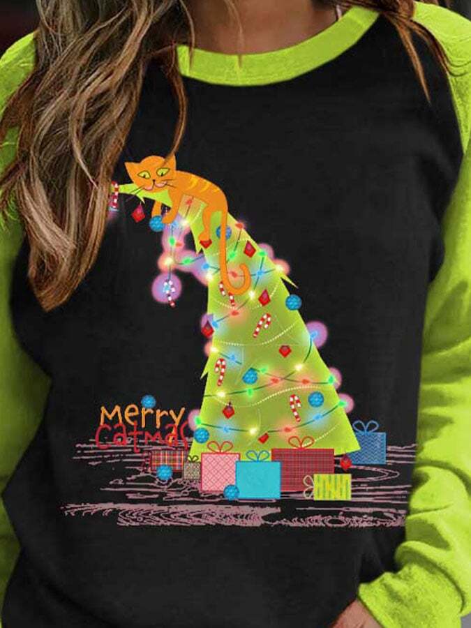 Cat Funny Merry Catmas Print Sweatshirt