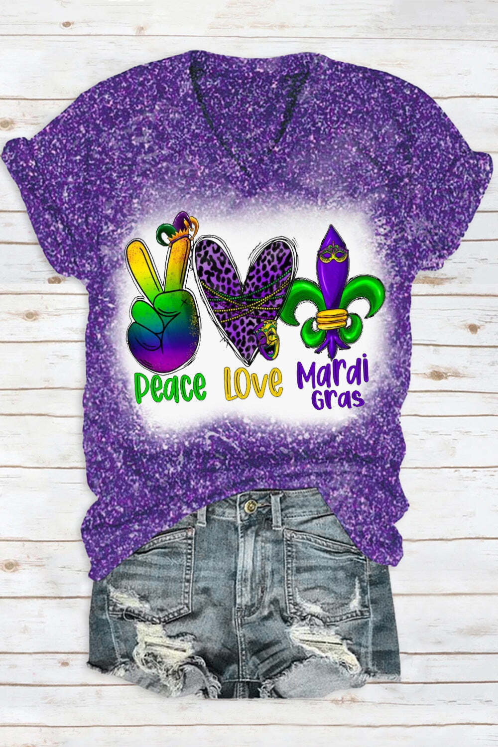 [CLEARANCE SALE]Peace Love Mardi Gras Leopard Glitter Print V Neck Short Sleeve T-shirt