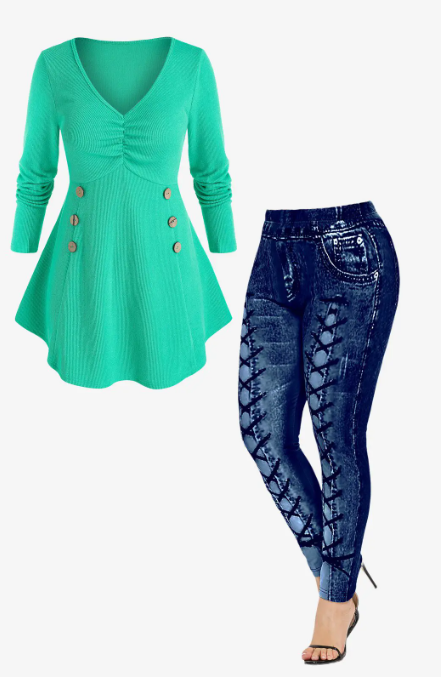 V Neck Buttoned Round Hem Sweater and High Waisted 3D Printed Leggings Plus Size Outerwear Outfit