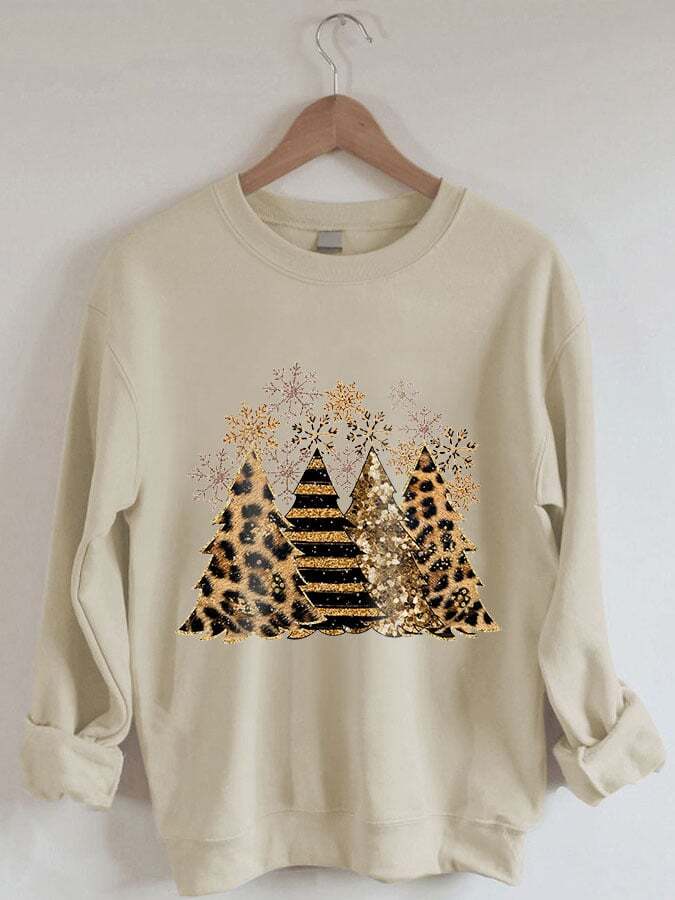 Women' Leopard Christmas Tree Print Casual Sweatshirt