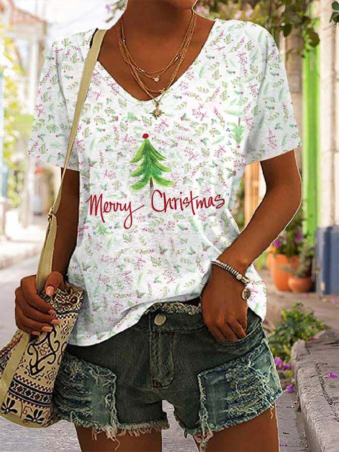 Women's Merry Christmas Tree Print V-Neck T-Shirt