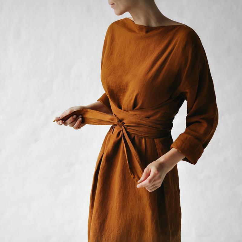 Cotton&Linen Dress with Long Sleeves and Tie