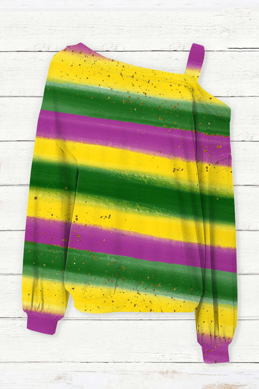 [CLEARANCE SALE]Vintage Mardi Gras Carnival Purple Green And Gold Splash Color Block Print Off-Shoulder Blouse