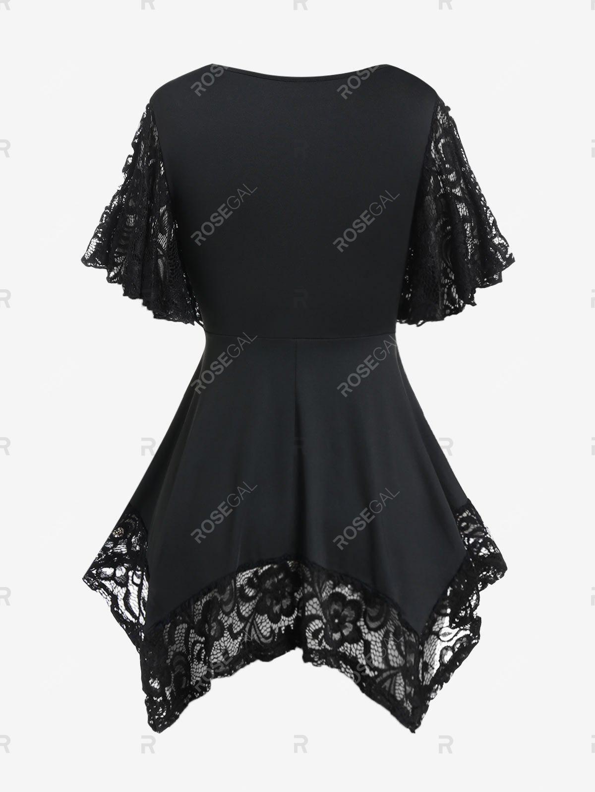 Lace Insert Handkerchief T Shirt and Lace Up Chains Gothic Capri Pants Plus Size Summer Outfit