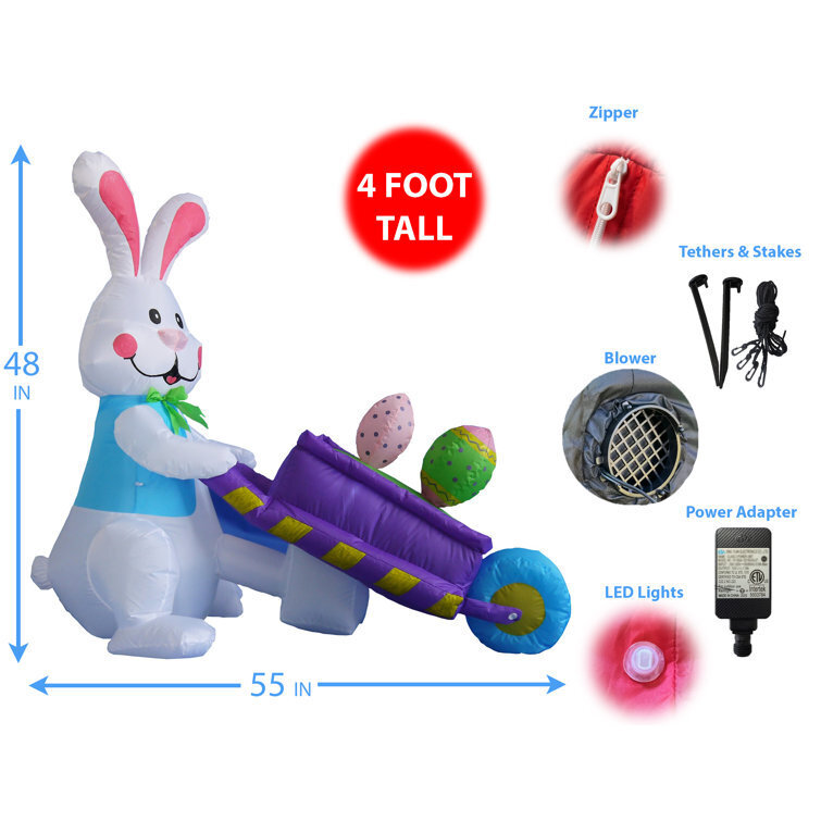 Long Easter Rabbit Pushing Wheelbarrow with Eggs Inflatable