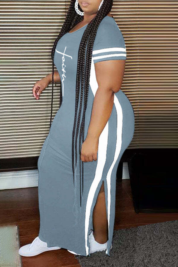 Letter Print Striped Slim Fit Slit Maxi Dress